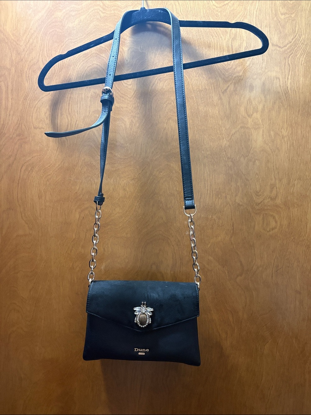 Dune London Black Crossbody Bag with Gold Chain and Bee Accent